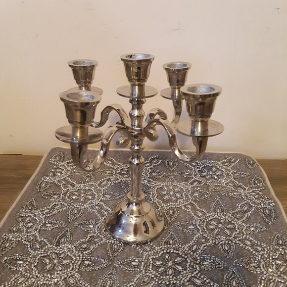 5 Arm Baby Candelabra Silver Glossy 8 Inch Taper Candle Holders - Picture 12 of 14